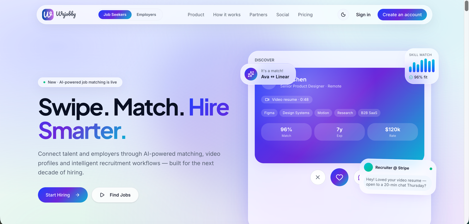 Wejobby AI recruitment platform interface with candidate matching